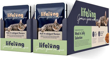 Amazon Brand - Lifelong Grainfree Complete Adult Cat Wet Food, Chicken, Duck, Turkey and Beef In Jelly Selection, 4.76 kg (56 Packs of 85g)?CZ801055-02/ CZ843