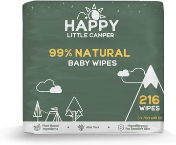 Happy Little Camper Natural Baby Wipes Unscented - Hypoallergenic & Chlorine-Free Wet Wipes With Aloe Vera, Chamomile And Pomegranate Extract - Gentle On Sensitive Skin - 216 Count
