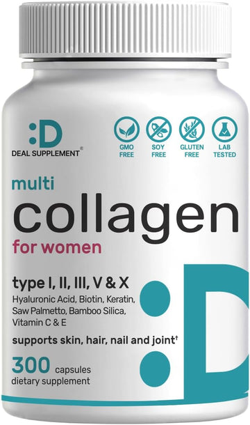 Deal Supplement Multi-Collagen Pills For Women With Vitamin C, E, & Biotin, 300 Capsules – 11 In 1 Formula With Saw Palmetto, Bamboo Silica, & Hyaluronic Acid – Hair, Skin, Nail, & Joint Health