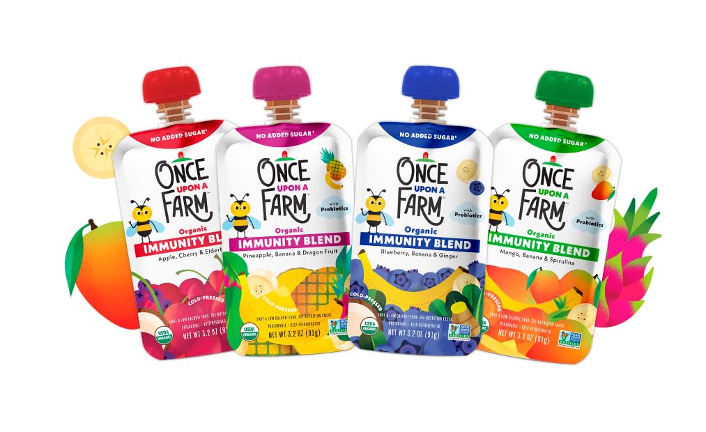 Once Upon A Farm | Immunity Blend | Apple, Cherry & Elderberry, Mango, Banana & Spirulina, Pineapple, Banana & Dragon Fruit, Pineapple, Banana & Dragon Fruit | No Added Sugar | Variety Pack Of 24