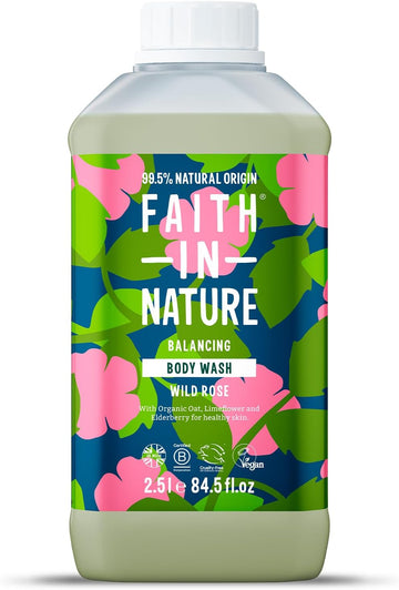 Faith In Nature Natural Wild Rose Body Wash, Balacing Shower Gel, Vegan & Cruelty Free, No Sls Or Parabens, 2.5L Refill