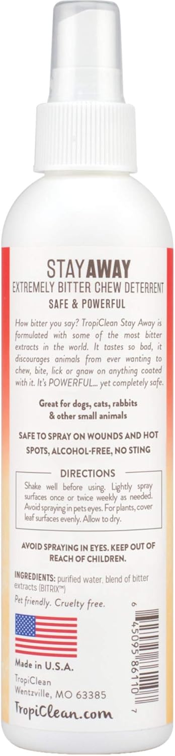 TropiClean Dog Spray Grooming Supplies - Chew Deterrent Spray - Extremely Bitter Spray to Deter Dogs & Puppies From Chewing - Alcohol Free - Safe To Use On Wounds, Furniture & Plants, Stay Away, 236ml?TRSADT8Z