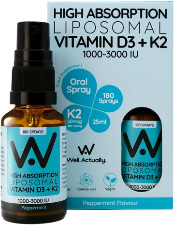 Well Actually Liposomal Vitamin D3 + K2 Spray - High Bioavailability - High Absorption Vegan Vitamin D3 2000 Iu & Vitamin K2-7 100Mcg As Menaquinone-7 Mk-7 - Strawberry & Rhubarb (180 Sprays)