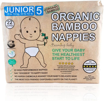 Beaming Baby Organic Bamboo Eco Nappies Junior Size 5 (15-19Kg / 33-44 Lb) - 22 In Pack. Biodegradable & Hypoallergenic For Sensitive Skin, Recyclable Paper Packaging