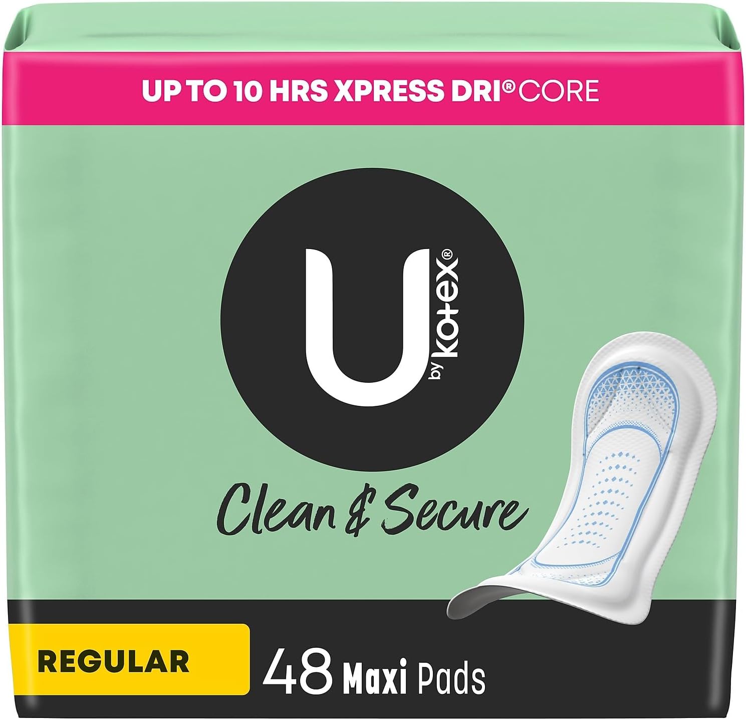 U By Kotex Clean & Secure Maxi Pads, Regular Absorbency, 192 Count (4 Packs Of 48) (Packaging May Vary)