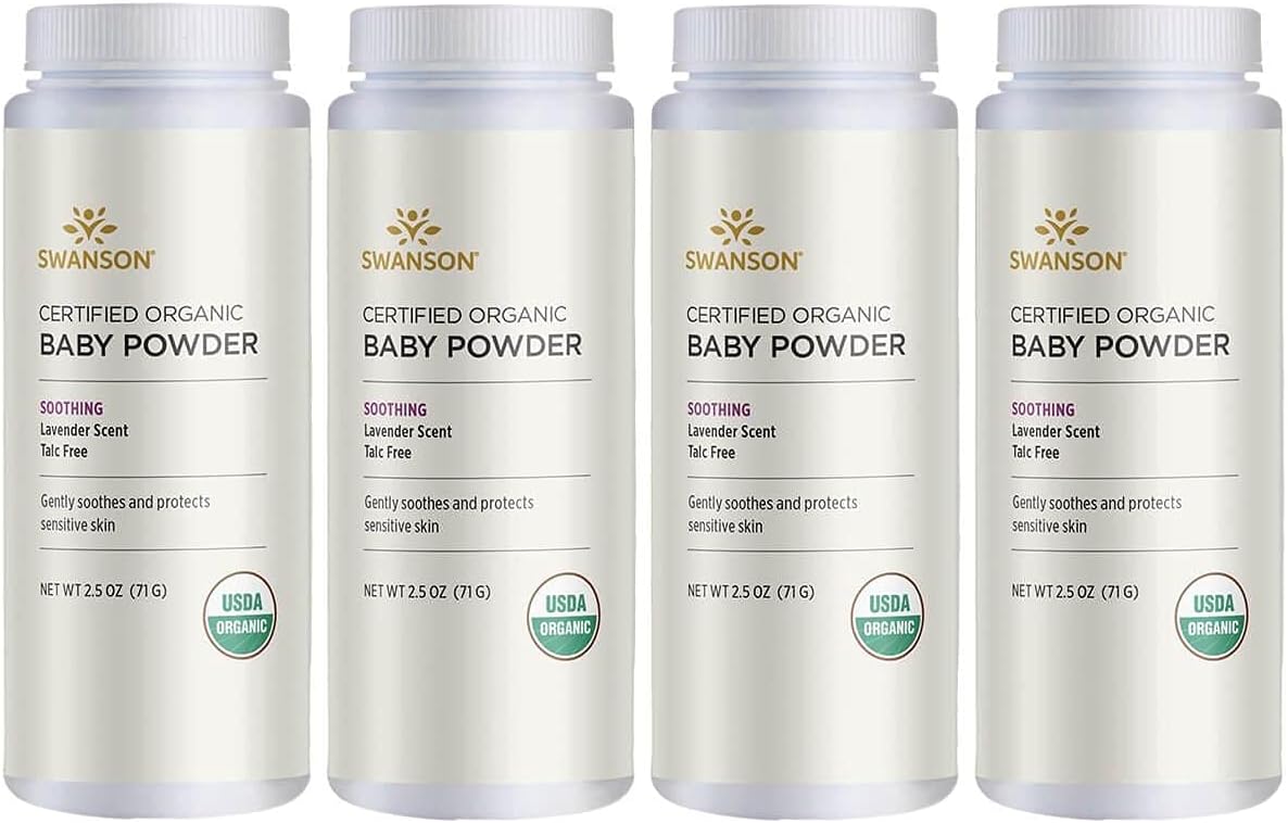 Swanson Certified Organic Baby Powder Talc-Free Lavender Scent 2.5 Ounce (71 g) Pwdr (4 Pack)