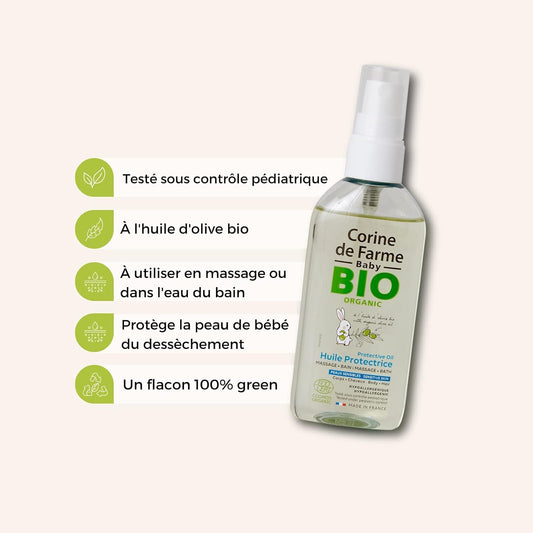 Corine De Farme Organic Protective Oil For Babies And Sensitive Skin Based On Olive And Sunflower Oil - Nourishes And Protects Body And Hair - Made In France - Format 100 Ml