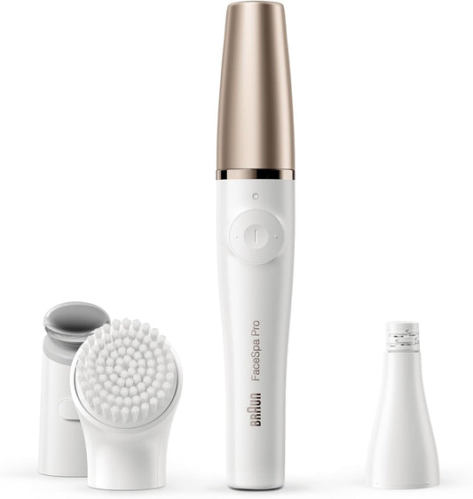 Braun Facespa Facial Epilator For Women, Hair Removal With Facial Cleansing Brush Head, Toning Head & Charger Stand, Wet & Dry, Se911, White/Bronze