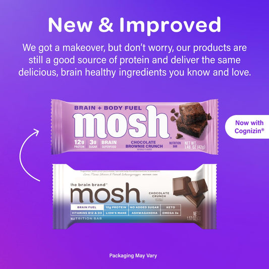 Mosh Chocolate Brownie Keto Protein Bars, High Protein, Gluten Free, Brain Healthy Snack With Ashwagandha And Lions Mane, 12 Count