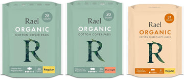 Rael Period Bundle - Organic Cotton Cover Pads (Regular, 28 Count) & Liners (Regular, 81 Count) & Pads (Overnight, 20 Count)