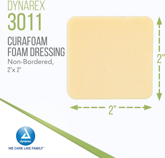 Dynarex 3011 Curafoam Foam Dressing, Non-Bordered, Sterile, Provides Cushioned And Moist Wound Care, 2" X 2", Pack Of 10