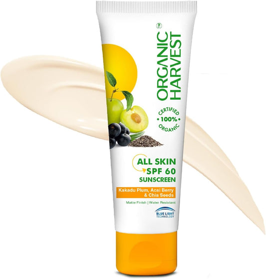 Organic Harvest Sunscreen Spf 60 For All Skin Type | For Women & Men With Blue Light Technology, Protects From Harmful Uva & Uvb Rays | 100% American Certified Organic, Sulphate & Paraben Free - 100Gm