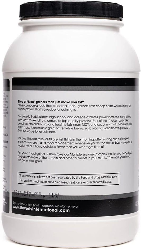 Beverly International Mass Maker Ultra Chocolate, 14 Servings, 3Lb. Build Lean Mass Like A Pro. Milk Protein Isolate, Whey Protein Isolate + Egg. Mct Oil. Clean Carbs, Great Taste