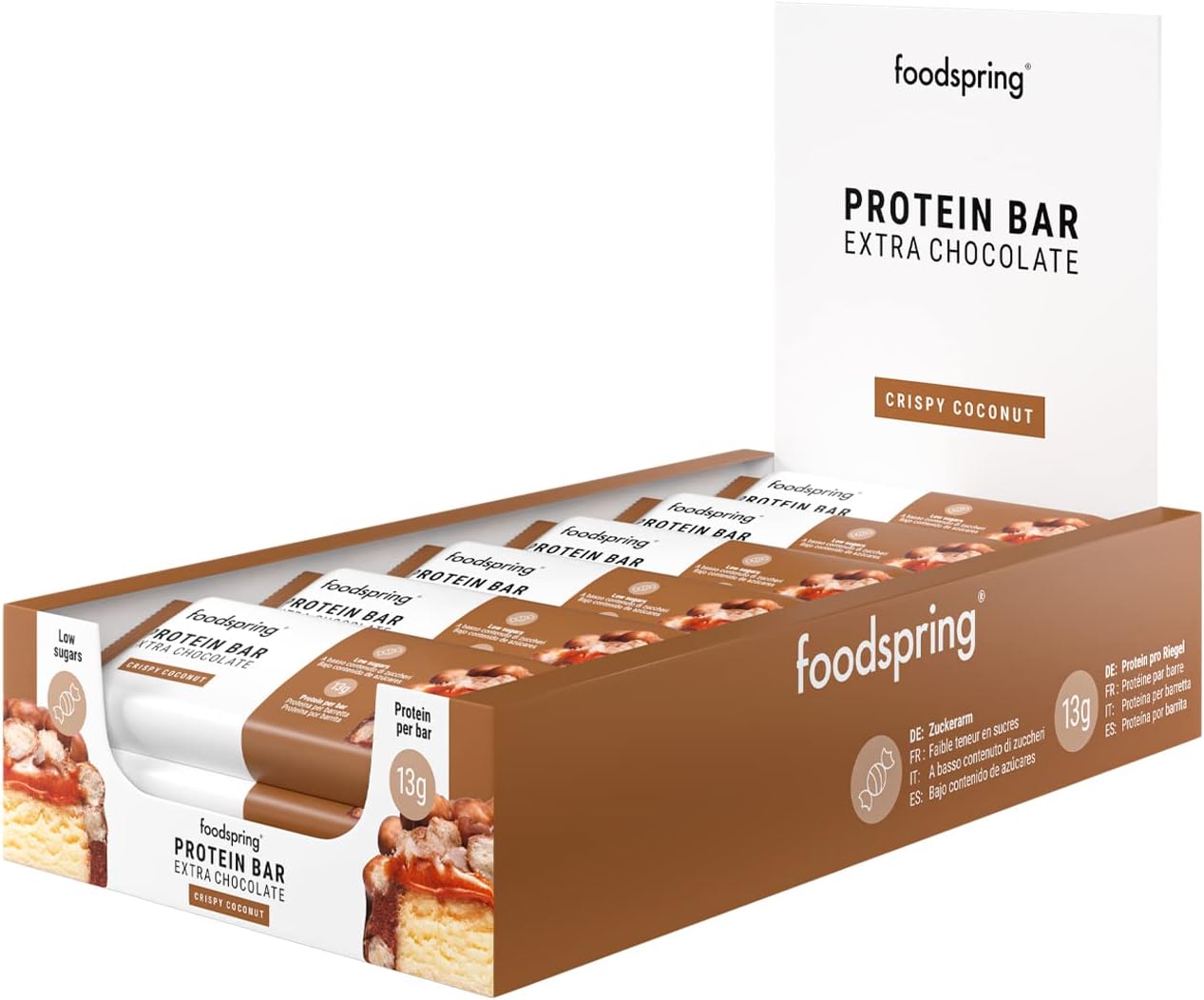 Foodspring New Extra Chocolate Protein Bars - 13G Protein Per Bar, No Added Sugar, Nutritious Post-Workout Or On-The-Go Snack - Crispy Coconut - 45G, Pack Of 12
