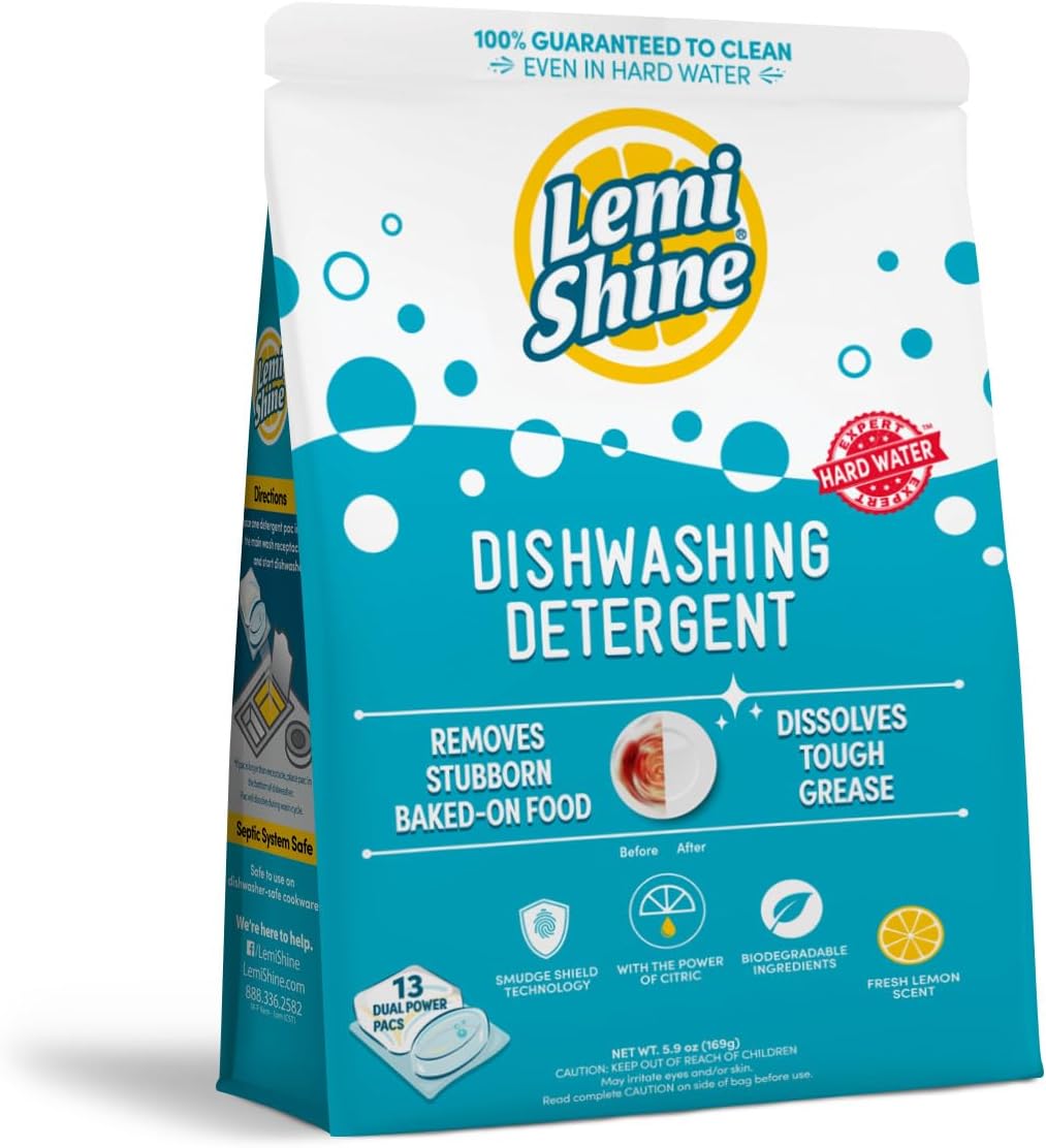 Lemi Shine Natural Dishwasher Pods | All-In-One Powder & Gel Dishwasher Detergent Pods with Powerful Citric Acid | Eco Friendly Dish Wash Cleaning Supplies (13 Count)