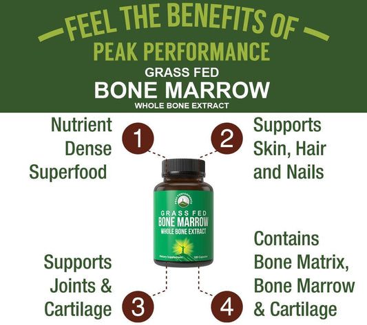 Peak Performance Grass Fed Bone Marrow - Whole Bone Extract Supplement 180 Capsules Superfood Pills Rich In Collagen, Vitamins, And Amino Acids. From Bone Matrix, Marrow, Cartilage. Ancestral Tablets