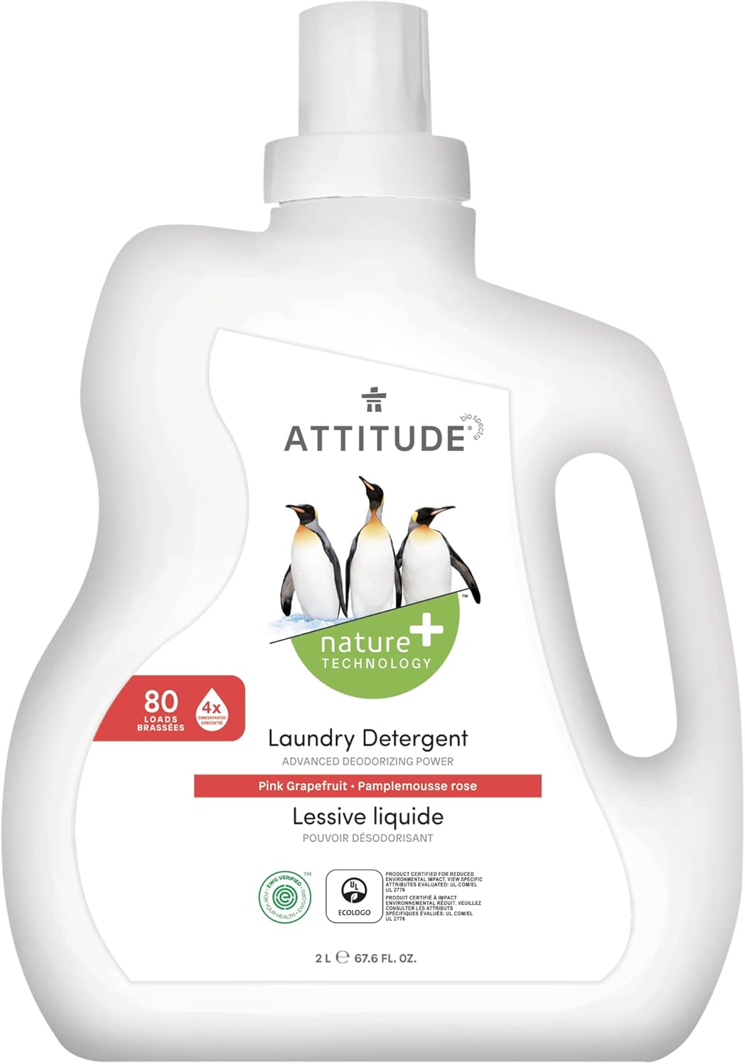 Attitude Liquid Laundry Detergent, Ewg Verified Laundry Soap, He Compatible, Vegan And Plant Based Products, Cruelty-Free, Pink Grapefruit, 80 Loads, 67.6 Fl Oz