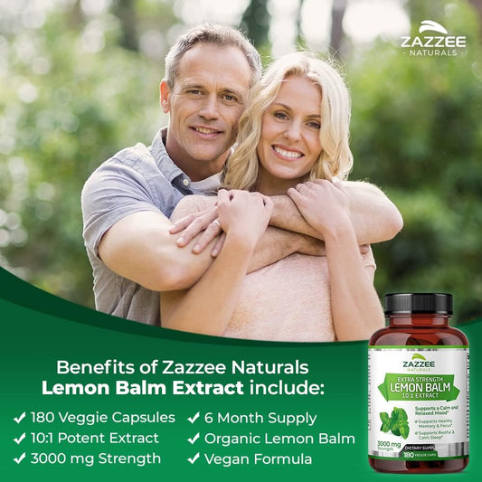 Zazzee Organic Lemon Balm 10:1 Extract, 3000 Mg Strength Per Capsule, 180 Vegan Capsules, 6 Month Supply, Standardized And Concentrated 10X Extract, 100% Vegetarian, All-Natural And Non-Gmo