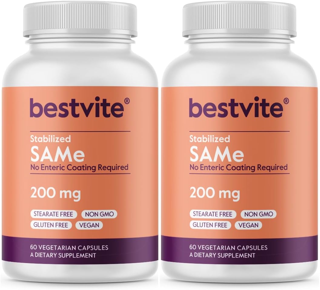 Bestvite Sam-E 200Mg Stabilized (60 Vegetarian Capsules) - Easy To Swallow Capsule Form - No Enteric Coat Needed - No Titanium Dioxide - No Stearates - Vegan - Non Gmo - Gluten Free