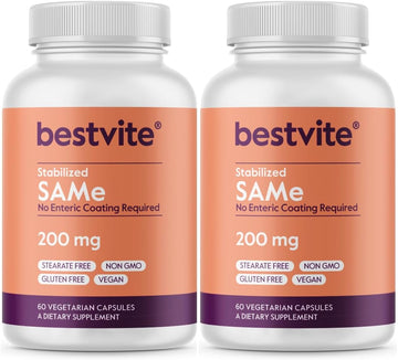 Bestvite Sam-E 200Mg Stabilized (60 Vegetarian Capsules) - Easy To Swallow Capsule Form - No Enteric Coat Needed - No Titanium Dioxide - No Stearates - Vegan - Non Gmo - Gluten Free