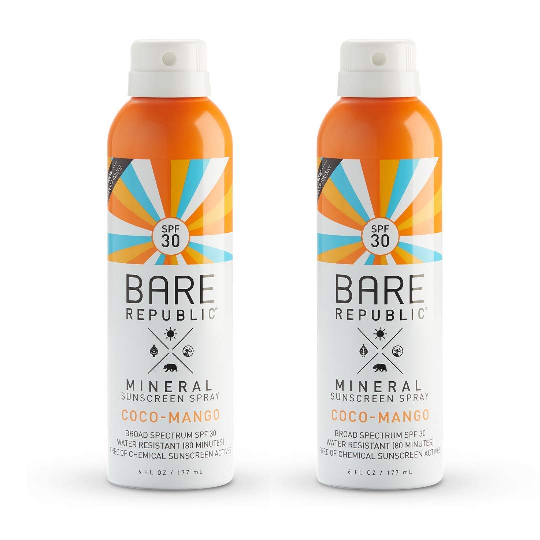 Bare Republic Mineral SPF 30 Sport Sunscreen Spray. Coconut-Mango Sheer and Strong Water-Resistant Sunscreen Spray with SPF 30 (6 Ounces) 2 Pack