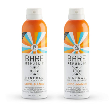 Bare Republic Mineral SPF 30 Sport Sunscreen Spray. Coconut-Mango Sheer and Strong Water-Resistant Sunscreen Spray with SPF 30 (6 Ounces) 2 Pack
