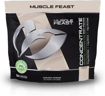 Muscle Feast Grass-Fed Whey Protein Concentrate Powder, All Natural Hormone Free Pasture Raised, Vanilla, 5lb (94 Servings)
