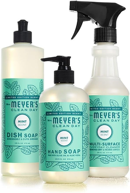 Mrs Meyers Mint Kitchen Basics Bundle: 3 items - (1) Dish Soap, (1) Hand Soap, (1) Everyday Cleaner : Health & Household