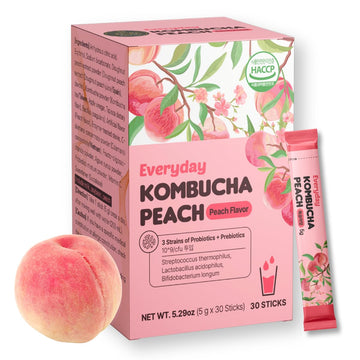 Unha'S Everyday Kombucha Tea, Peach Flavored Powder 5G X 30 Sachets (150G/5.29Oz) Probiotics, Prebiotics, Sugar-Free, Black Tea, With Scoby Healthy Drink, Small