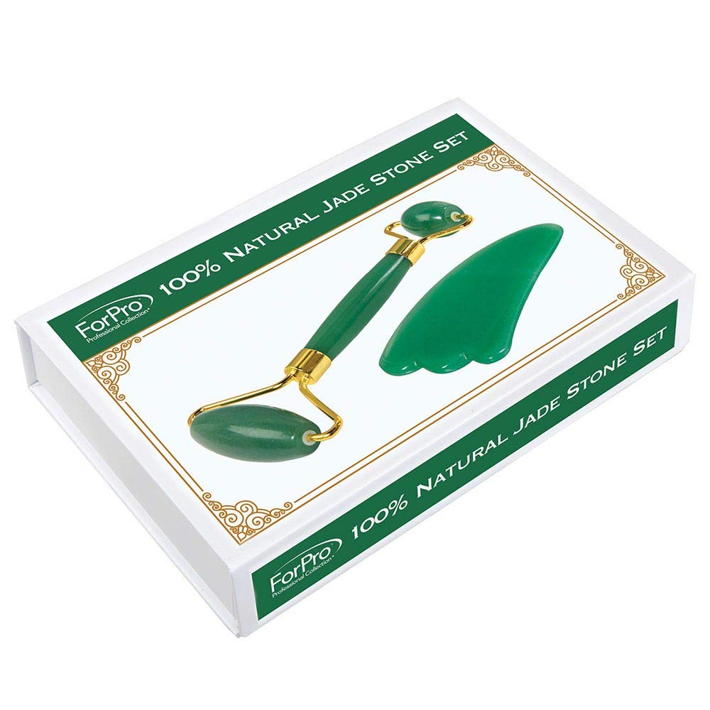 Forpro Professional Collection Fake Bake 100% Natural Jade Stone Set Includes Adventurine Jade Roller And Gua Sha Stone For Reducing Wrinkles And Improving Skin Tone