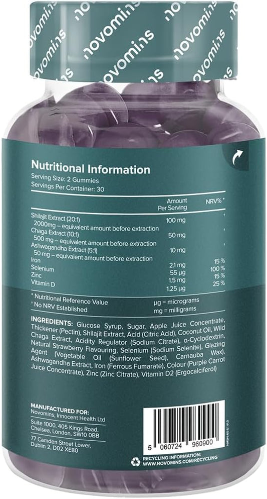 Shilajit Gummies – 2000Mg High Strength Shilajit With Ashwagandha, Chaga, Zinc, Iron, Selenium & Vitamin D – Himalayan Gummies For Men & Women – Energy, Brain & Immune Support – Novomins
