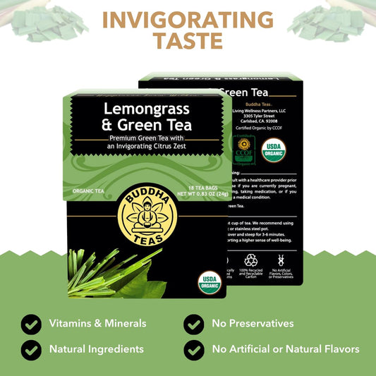 Buddha Teas - Organic Lemongrass & Green Tea - For Health & Wellbeing - Organic Tea - With Antioxidants & Minerals - Clean Ingredients - Caffeinated - Ou Kosher & Organic - 18 Tea Bags (Pack Of 1)