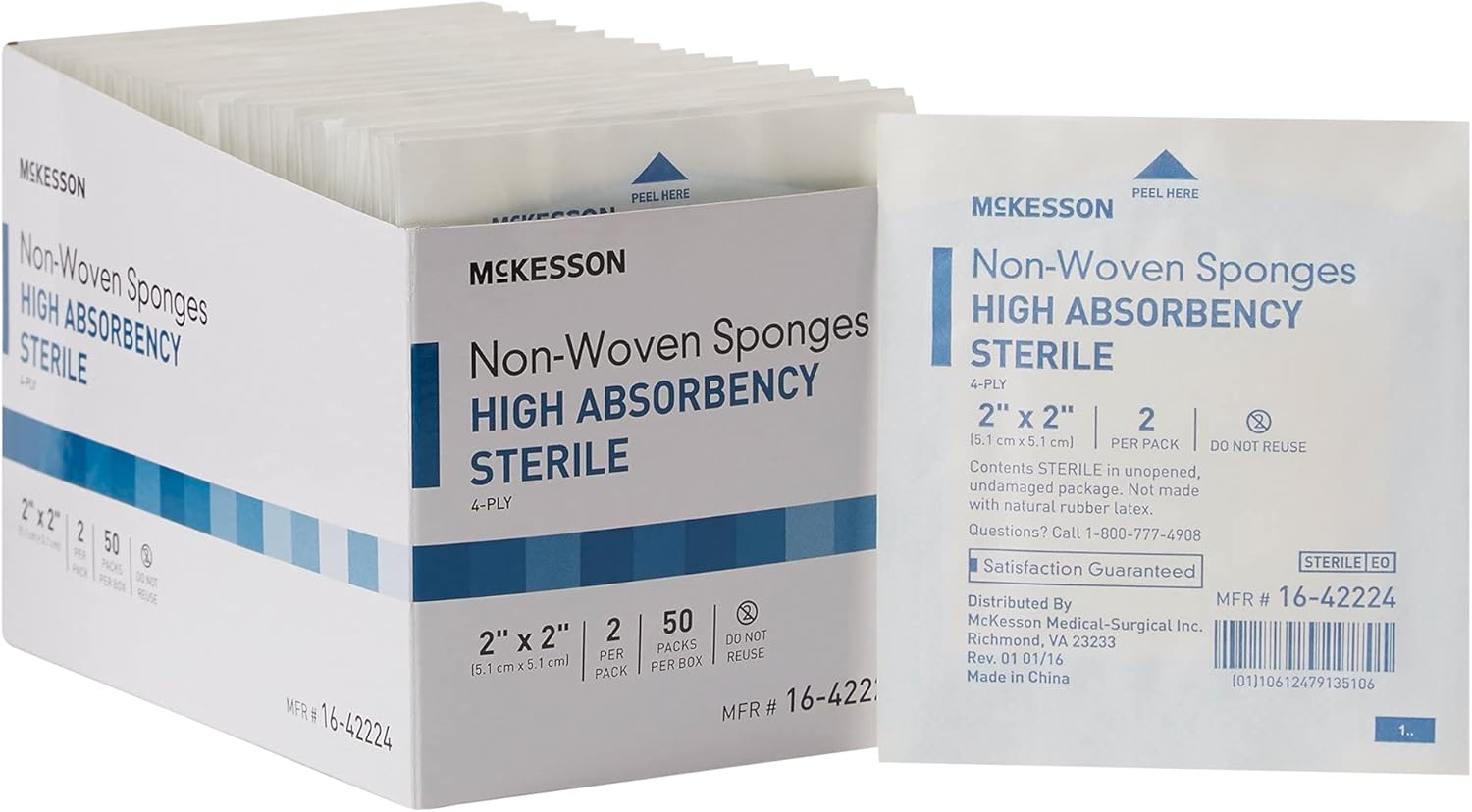 Mckesson Non-Woven Sponges, Sterile, 4-Ply, High Absorbency, Polyester/Rayon, 2 In X 2 In, 2 Per Pack, 1500 Packs, 3000 Total