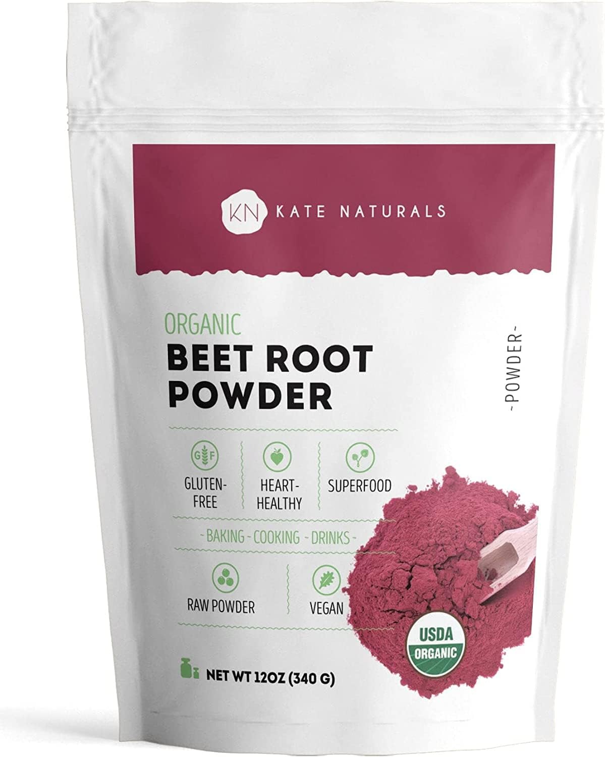 Kate Naturals Beet Root Powder for Baking & Smoothies (8 oz) USDA Organic Beetroot Powder & Nitric Oxide Supplement for Increase Energy & Stamina Pre Workout. Gluten Free Organic Beet Powder