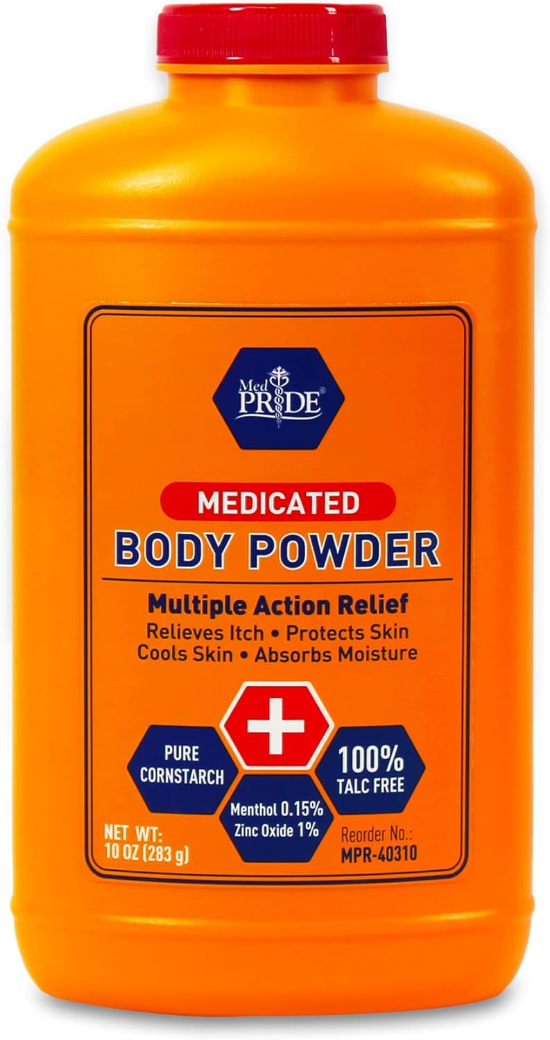 MED PRIDE Medicated Body Powder 100% Talc-Free - Absorbent Pure Cornstarch Anti-Itch Powder with Zinc Oxide- Cooling Body Dusting Powder for Moisture and Sweat Control, Rash & Itch - 10oz