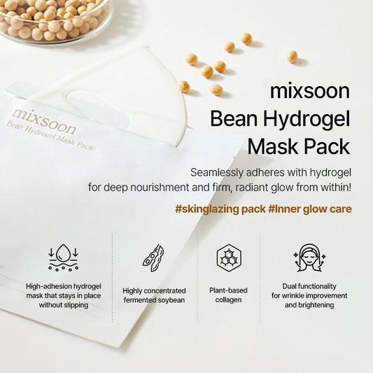 Mixsoon Hydrogel Collagen Mask (35Gx5Ea) Plant-Based Nutrition, Radiance, Hydration All-In-One Firming, Ingredients Absorbing Over Time Korean Bean Essence Korean Collagen Mask