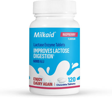 Milkaid Lactase Enzyme Chewable Tablets For Lactose Intolerance Relief, Prevents Gas, Bloating & Diarrhoea, Gluten Free & Vegan, Rasberry, 120 Count