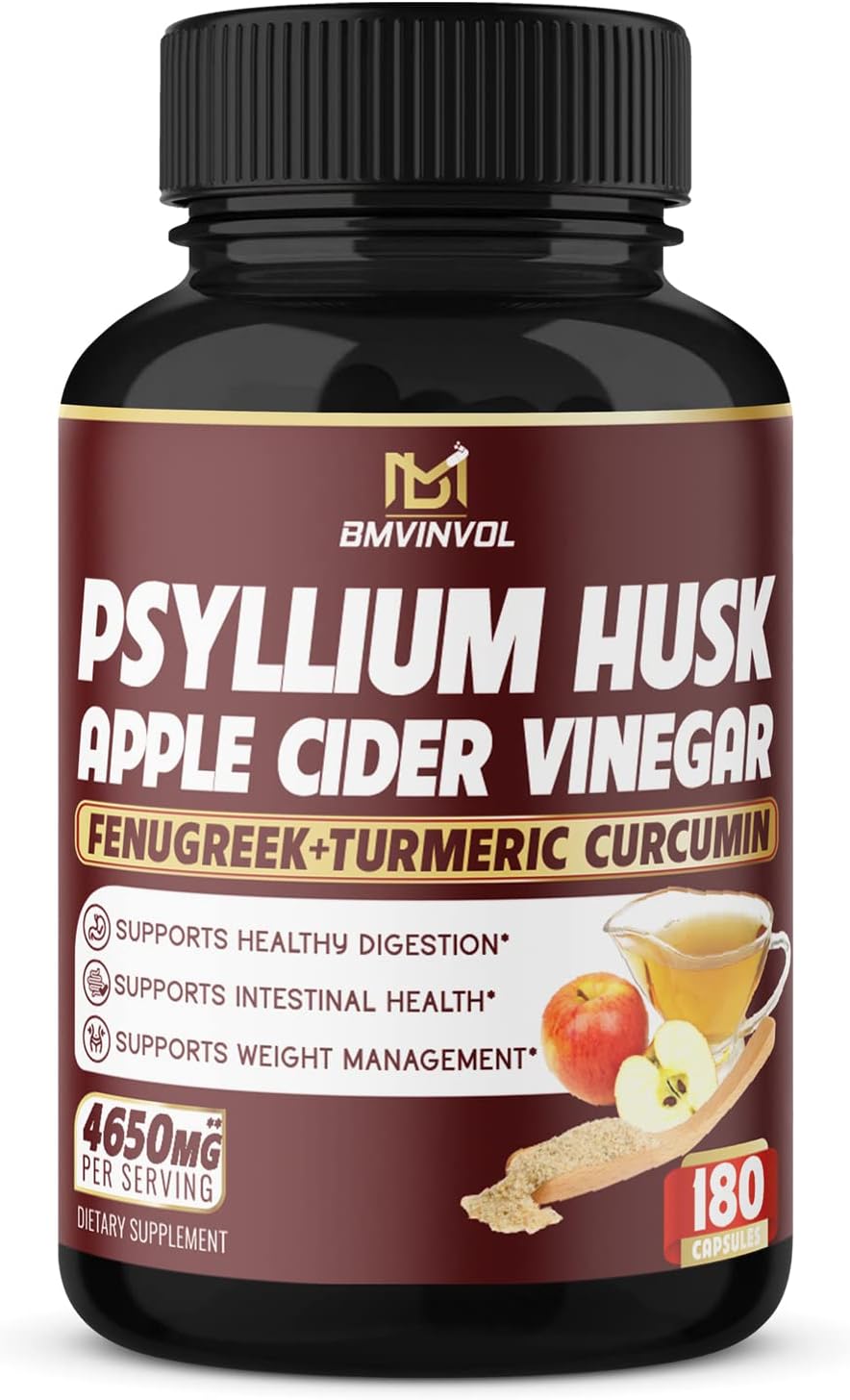 BMVINVOL Psyllium Husk Fiber Supplement 4650mg - Apple Cider Vinegar, Fenugreek - Supports Weight Management and Digestive Regularity - 3 Months Supply