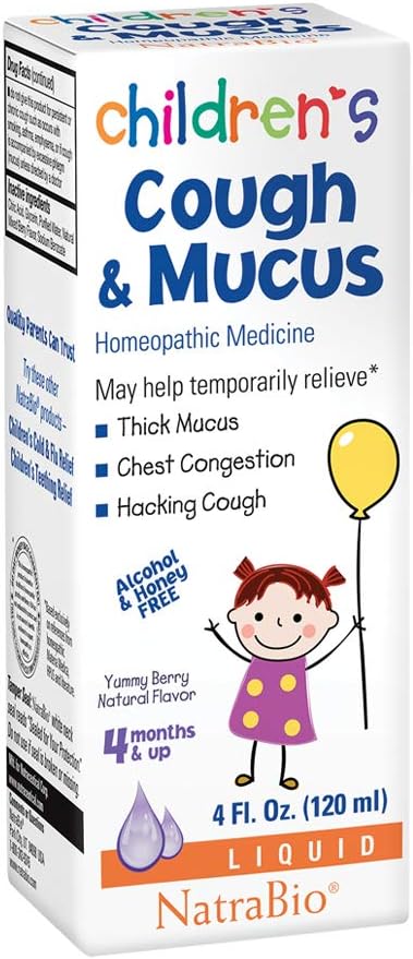 NatraBio Childrens Cough & Mucus | Homeopathic Relief of Mucus, Congestion and Cough | Ages 4+ Months | 4oz, 47 Serv