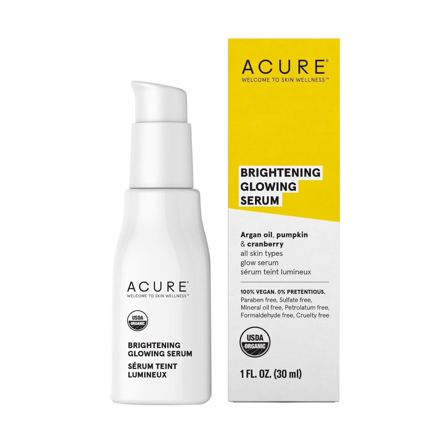 Acure Brightening Glowing Serum - Revitalize & Hydrate Face & Neck - Argan Oil, Pumpkin & Cranberry - Antioxidant Protection For All Skin Types- All Natural Hydrating Formula - 100% Vegan, 1 Fl Oz