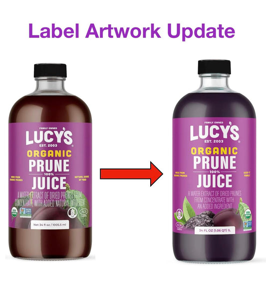 Lucy’S Family Owned - Organic Nongmo 100% Prune Juice, 34 Oz. Glass Bottle (Pack Of 2)