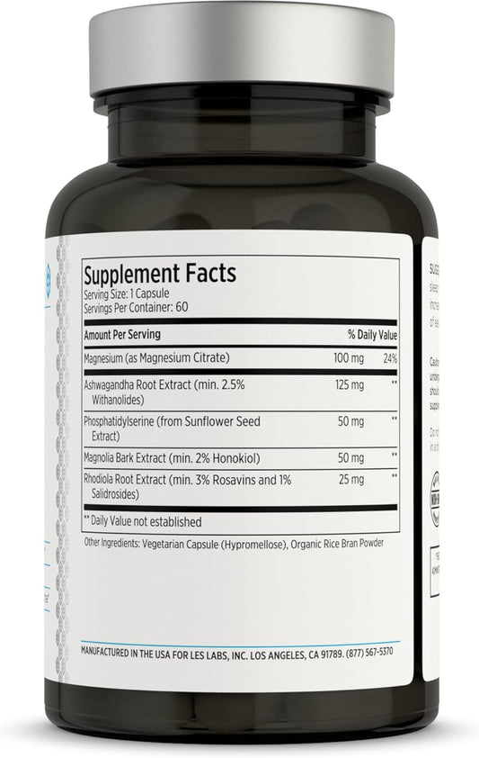 Les Labs Cortisol Health – Stress Relief, Balanced Cortisol Response, Relaxation & Deep Sleep – Phosphatidylserine, Magnesium, Magnolia Bark, Rhodiola Rosea & Ashwagandha – Non-Gmo – 60 Capsules