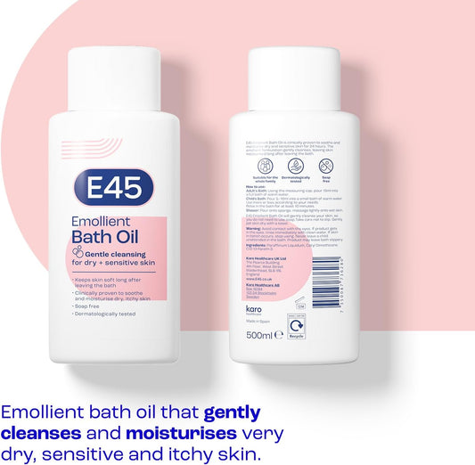 E45 Bath Oil 500 Ml – E45 Bath Oil Emollient To Moisturise & Hydrate Dry Skin – Gently Cleanses For Soft Skin – Soap Free & Perfume Free Emollient Bath & Shower Oil Body Wash - Dermatologically Tested