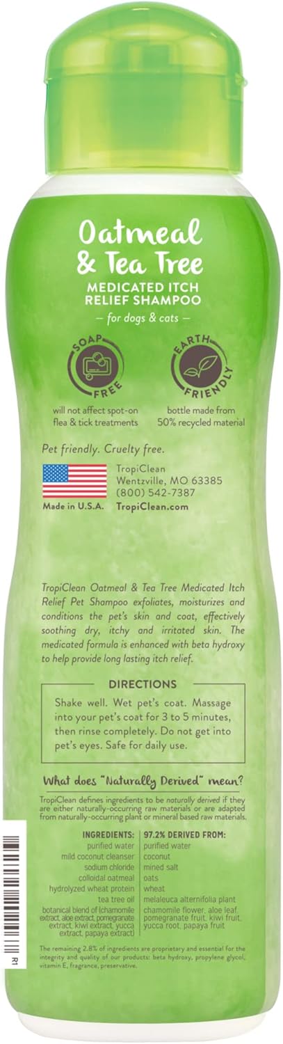 TropiClean Dog Shampoo Grooming Supplies - Medicated Itch Relief Cat & Dog Shampoo for Itchy Skin & Allergies - Derived from Natural Ingredients - Used by Groomers - Oatmeal & Tea Tree, 355ml?TRTTSH12Z