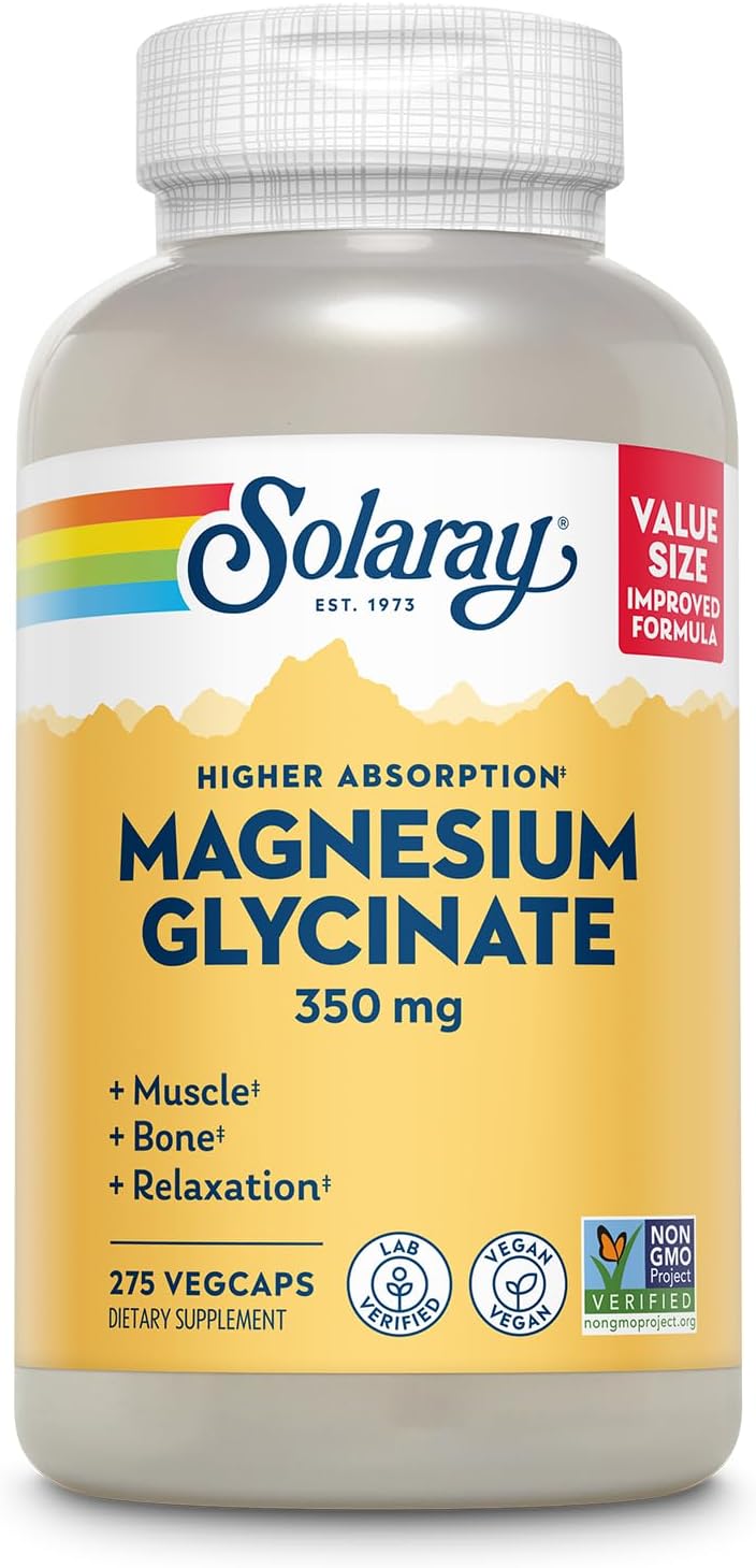 Solaray Magnesium Glycinate Capsules, Chelated Magnesium Bisglycinate W/Bioperine, Higher Absorption Magnesium Supplement - Bones, Muscles, Heart And Relaxation Support, Vegan, 68 Serv, 275 Vegcaps