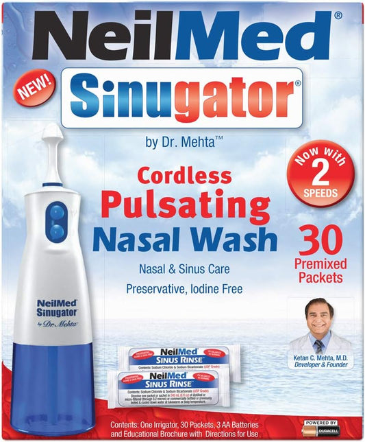 NeilMed Sinugator Cordless Pulsating Nasal Wash Kit with One Irrigator, 30 Premixed Packets and 3 AA Batteries(Pack of 1)