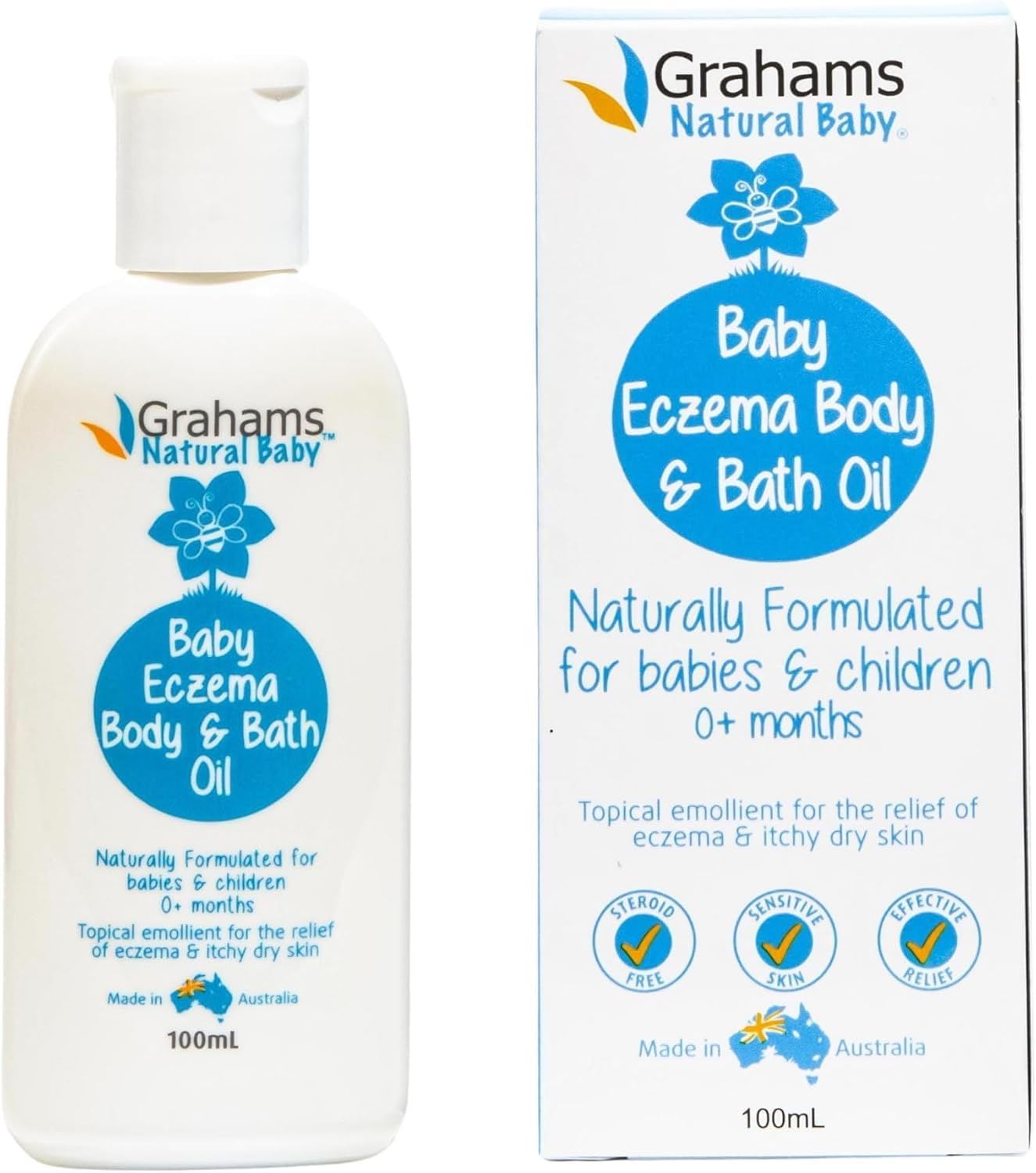 Grahams Natural Baby Eczema Body And Bath Oil - Clinically Proven Baby Oil For Cradle Cap Treatment & Baby Eczema - With Sunflower, Avocado & Jojoba Oil | For Ages 0 Months To 12 Years (100Ml)