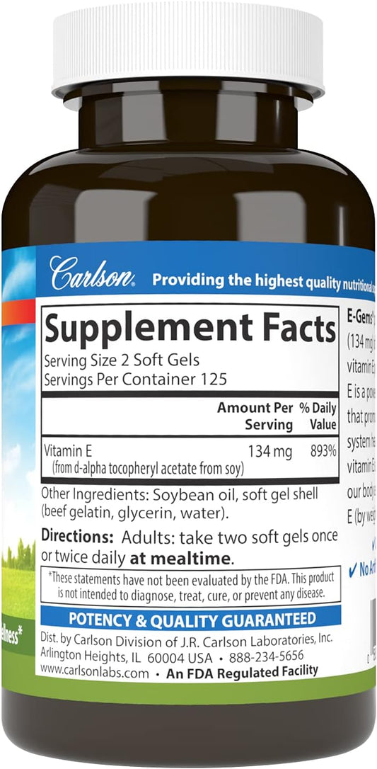 Carlson E-Gems 200 IU (134 mg), Natural-Source Vitamin E, Optimal Wellness, 250 Soft Gels