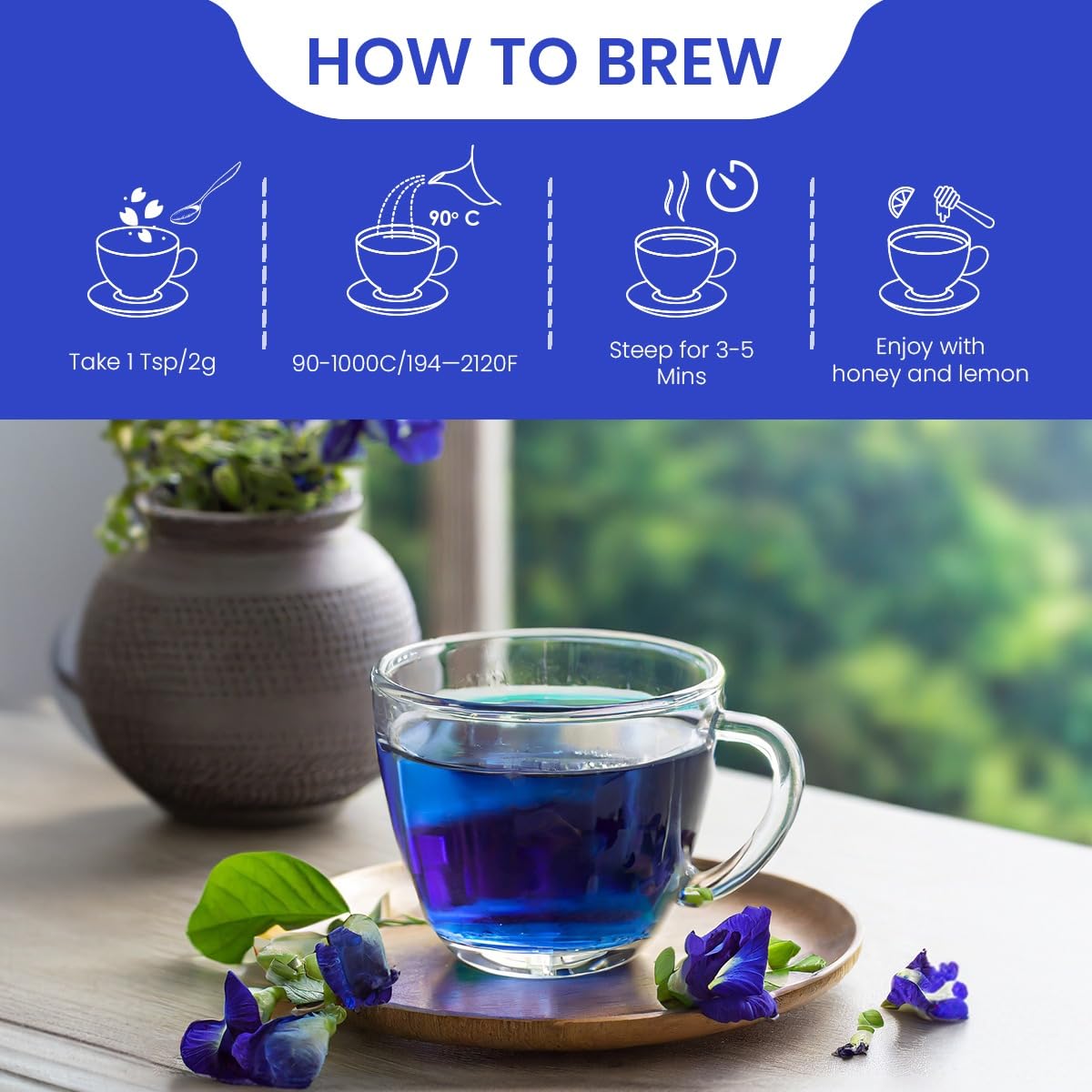 Blue Tea - Butterfly Pea Flower Tea - 3.52 Oz - 100+ Cups - Loose | Anti-Oxidant Powerhouse | Chemical-Free | Caffeine Free - Flower Based - Non-Bitter - Detox Tea | Premium Zipper Pack