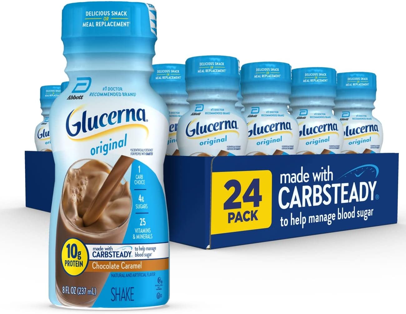 Glucerna Nutritional Shake, Diabetic Drink To Support Blood Sugar Management, 10G Protein, 180 Calories, Chocolate Caramel, 8-Fl-Oz Bottle, 24 Count